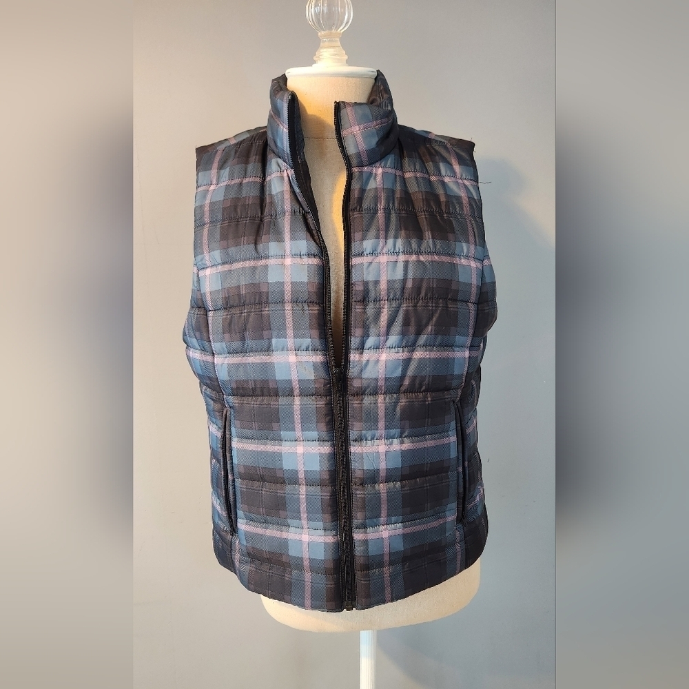 LOFT Puffer Vest M Gorpcore Plaid Striped Preppy